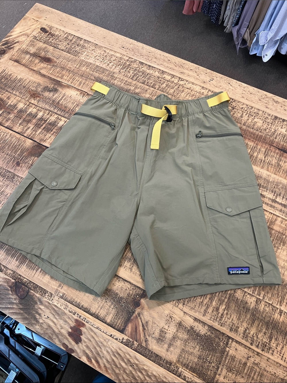Patagonia Olive Cargo Shorts with Yellow Webbing Belt